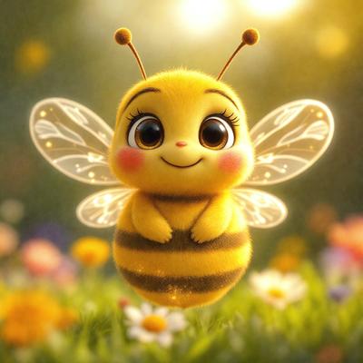 The primary subject of the image is a cute, smiling bee with big eyes. The bee is sitting in a field of flowers, which serves as the setting and background of the scene. The visual style of the image is a digital art or illustration, with the bee being the main focus and the flowers providing a lively and colorful backdrop. The colors and mood of the image are bright, cheerful, and playful, with the bee's big eyes and smile adding a sense of warmth